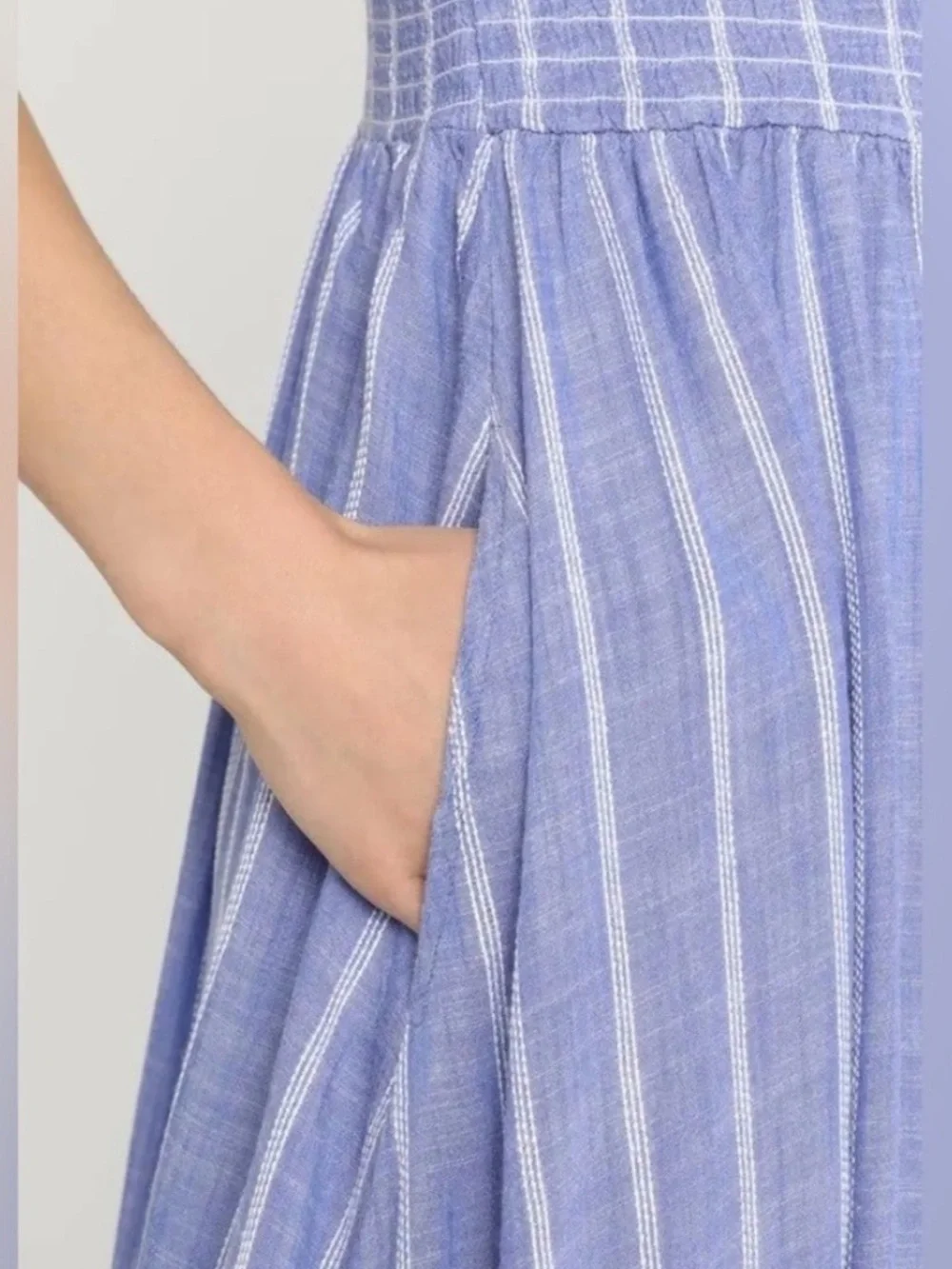 Free People Blue Striped Chambray Smocked Maxi Dress